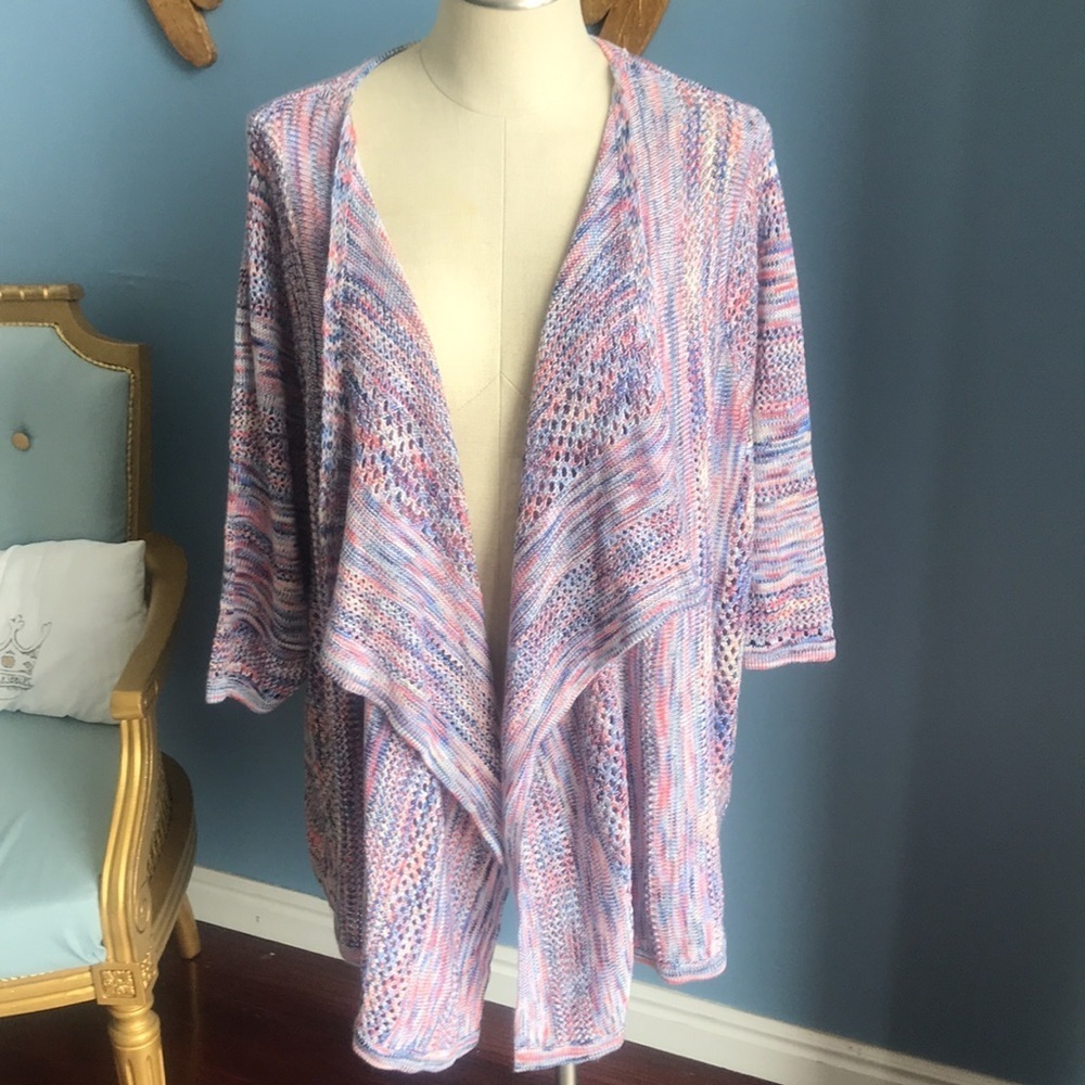 Blair multi color pastel yarn 3/4 sleeves open spring cardigan size 2XL